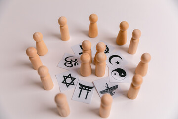 Concepts of religion and spirituality are symbolized in an icon set, representing wellbeing,...