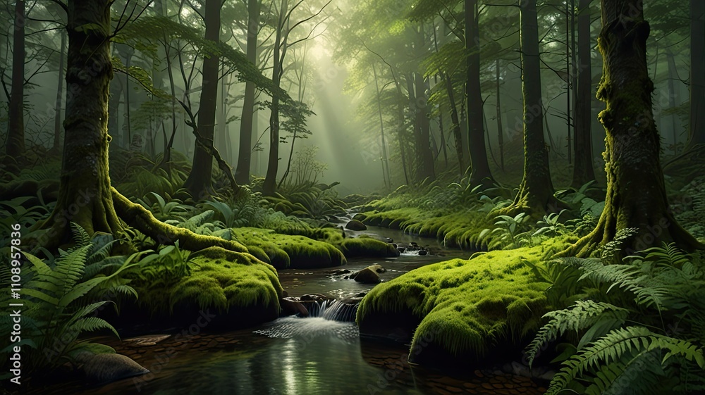 Poster sunlight streams through dense trees in a serene forest illuminating a mossy landscape alongside a p