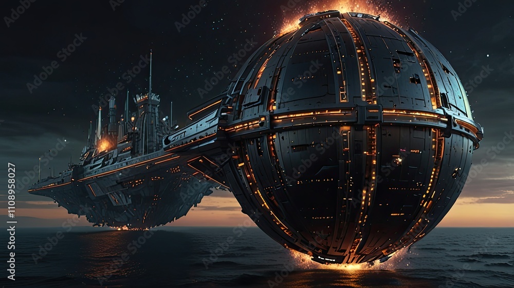 Poster a massive futuristic spacecraft with a spherical design floats above calm water illuminated by orang