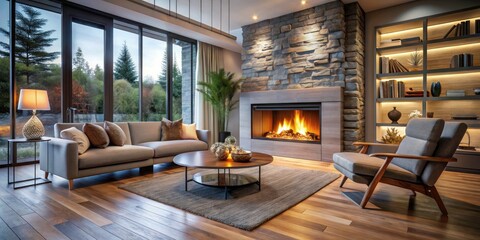 Fototapeta premium Cozy Modern Living Room with Long Exposure Fireplace, Luxurious Interior Design, Log Wood and Glass Door, Warm Atmosphere for Comfortable Home Living, Relaxation, and Style