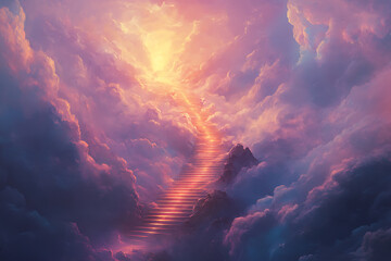 Abstract glowing stairs ascending into heavenly light, symbolizing faith, hope, and connection with the divine