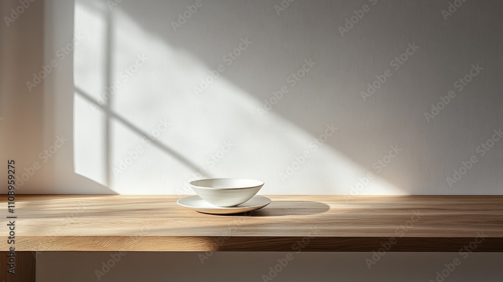 Poster minimalistic table setting with bowls and natural shadow play