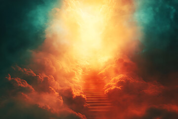 Obraz premium Abstract glowing stairs ascending into heavenly light, symbolizing faith, hope, and connection with the divine