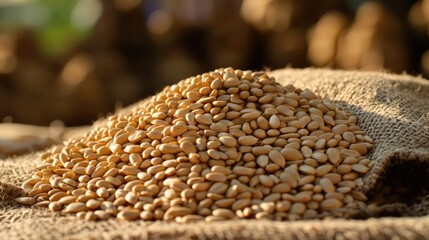 Obraz premium Pile of Raw Sesame Seeds on a Jute Fabric in Natural Lighting