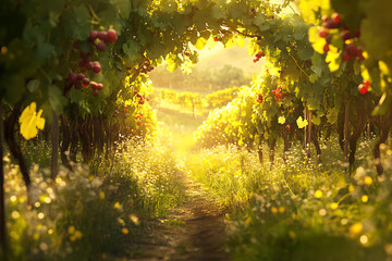Peaceful vineyard at dawn, with golden light illuminating the ripe grapes, symbolizing life, growth, and spiritual abundance