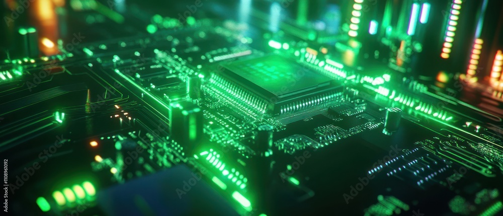 Poster close-up of a glowing circuit board with microchips