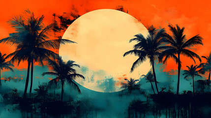 Sunset Palm Trees Silhouette Tropical Beach Scene