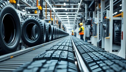 Fototapeta premium Tire Factory: Automated production line in a modern tire manufacturing facility.