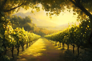 Fototapeta premium Peaceful vineyard at dawn, with golden light illuminating the ripe grapes, symbolizing life, growth, and spiritual abundance