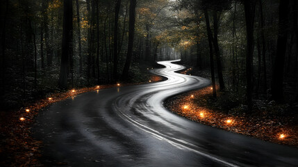 Winding Road Through Autumn Woods at Night