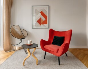Inviting living room with a focus on Scandinavian aesthetics and a vibrant red accent.