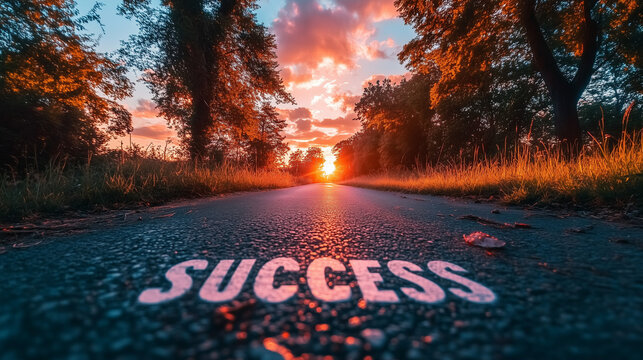 Open road leading to a sunset, with the word "SUCCESS" painted on the asphalt, symbolizing the start of a journey to greatness