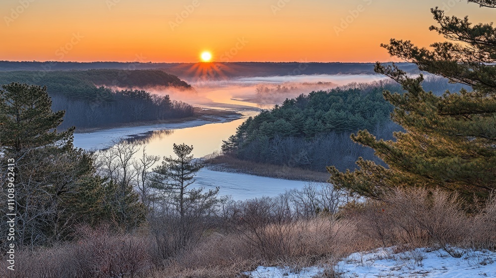 Poster sunset over calm river with misty hills and trees in background