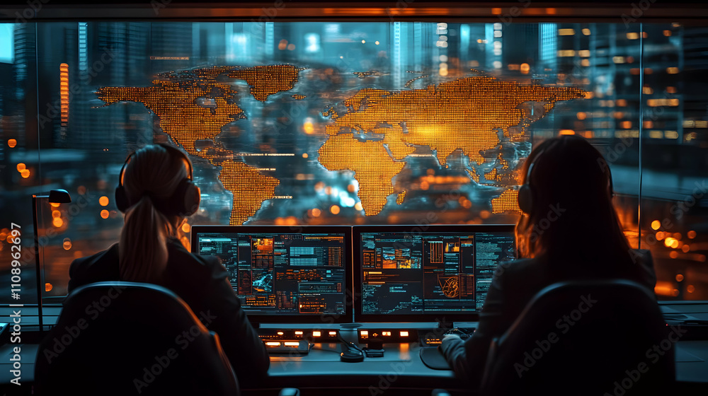 Aufkleber global network monitoring: operators track data flows efficiently at night