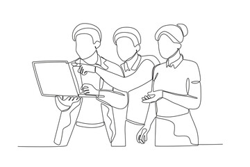 Single continuous line drawing of Three employees are discussing work. Dynamic single line draw design graphic vector illustration.
