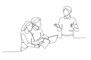 Single continuous line drawing of Three employees are discussing work. Dynamic single line draw design graphic vector illustration.
