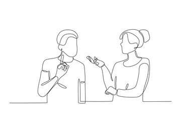 Single continuous line drawing of Two employees are talking and discussing. Dynamic single line draw design graphic vector illustration.
