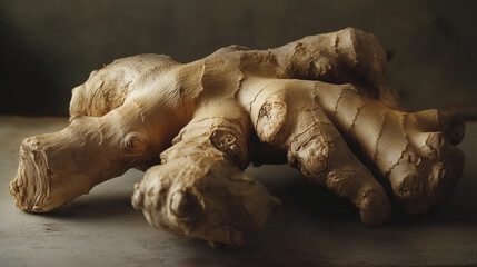 Fototapeta premium Fresh ginger root, rustic wooden surface, soft shadows, earthy texture, cozy natural lighting