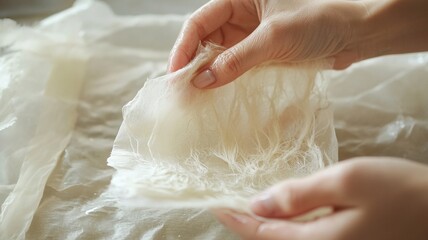 Handmade paper fibers being crafted with care and texture