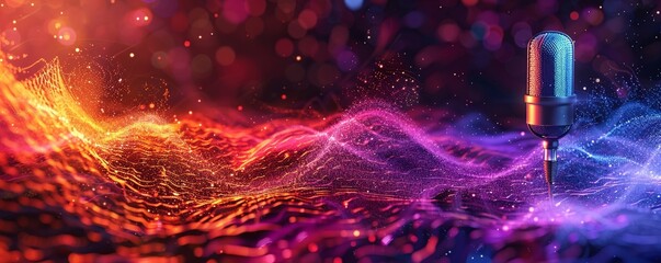 Colorful microphone emitting vibrant sound waves in dynamic scene