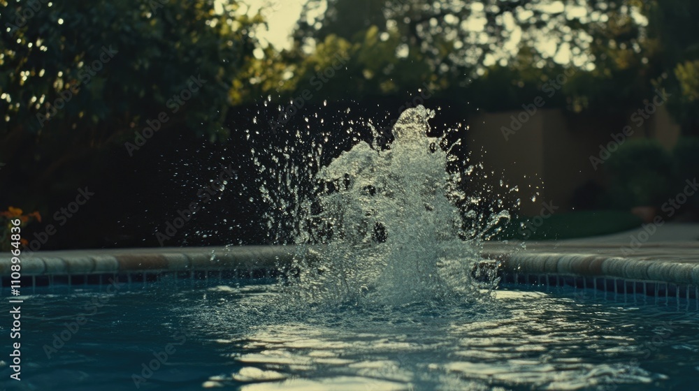 Poster water splashing from circular pool in beautiful backyard setting