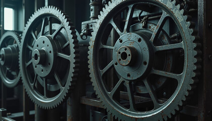 Metal gears of industrial machine in motion.