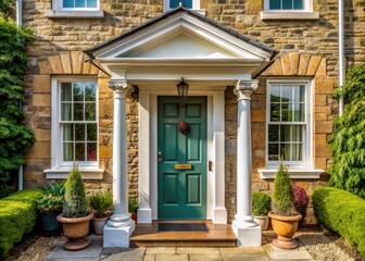 Georgian Cottage Front Door, Gable Porch, White Columns, Stone Cladding, Home Entrance, Wooden Door, Exterior Design