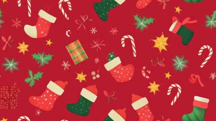 Enchanting Holiday Elves Seamless Design on Festive Red Background, Ultra-Detailed Illustration Sparkling with Christmas Magic