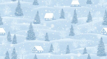 Tranquil Winter Wonderland Seamless Pattern with Snow-Covered Trees and Cozy Cabins for Holiday Ambiance | Ultra-Detailed Flat Artwork