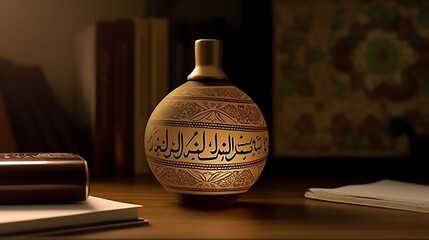 Ornate Decorated Vessel Rests On Wooden Surface