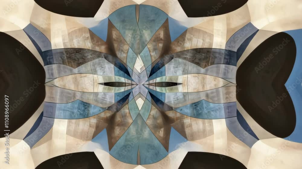 Poster intricate abstract design with geometric patterns in shades of blue and brown showcasing symmetry an