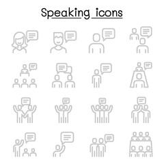 Talk, speech, discussion, dialog, speaking, chat, conference, meeting icon set in thin line style