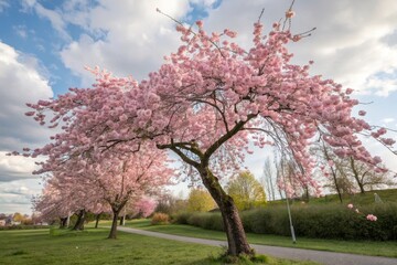 A picturesque park pathway lined with delicate, blooming cherry trees under a partly cloudy sky
