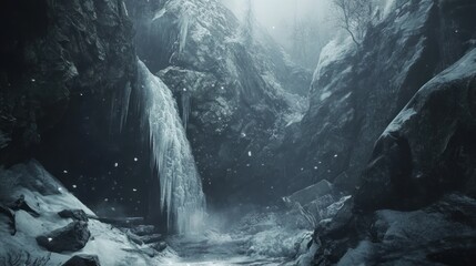 Frozen Waterfall in a Snowy Mountain Gorge