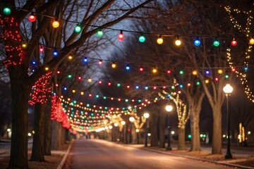 Twinkling lights strung along tree branches illuminate a quiet street at night