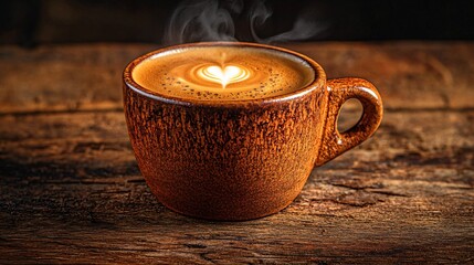 Steam rises from a warm cup of coffee resting on a rustic wooden table