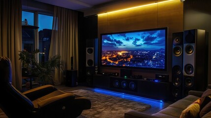 Fototapeta premium Modern Living Room with Large Screen TV and Cozy Ambiance