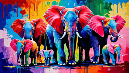 Colorful herd of elephants in modern abstract art style piece.