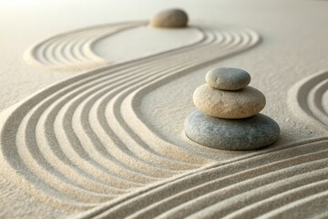 Serene stones arranged in a calming zen garden sand pattern, symbolizing peace and balance