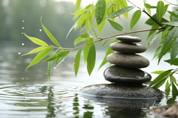 Serene Stack of Stones by Tranquil Water with Lush Greenery
