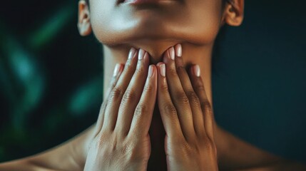A close-up of someone using their hands to massage their neck, emphasizing the benefits of self-care.