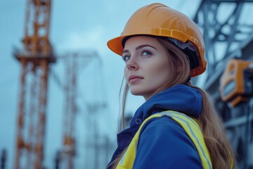 A young woman working outside at an industrial power plant in protective clothing