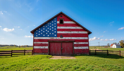 Obraz premium Rustic barn painted with American flag in rural countryside