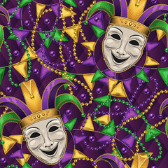 Carnival Mardi Gras themed pattern with theatrical comedy face mask in Jester Harlequin hat., scattered trinket, pennant garland, strings of beads. Detailed illustration in vintage style