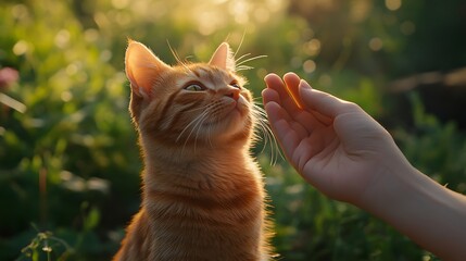 A playful kitten with bright green eyes explores the lush green grass