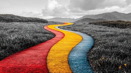 A colorful, unconventional path leading through a grayscale landscape, symbolizing a unique and different approach