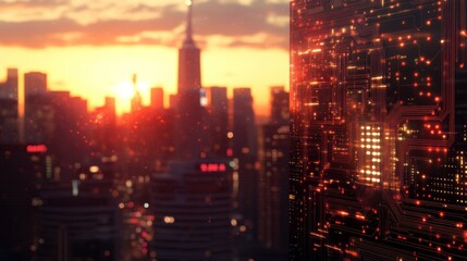 Obraz premium Sunset Cityscape with Futuristic Circuit Board