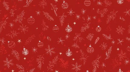 Festive Christmas Ornaments Seamless Pattern on Red Background, Hand-Drawn Artwork for Holiday Decor, Cozy Xmas Spirit, Ultra-Detailed Design