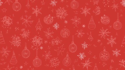 Festive Christmas Ornaments Seamless Pattern on Deep Red Background | Cozy Holiday Artwork with Baubles, Stars, Snowflakes | Ultra-Detailed Illustration