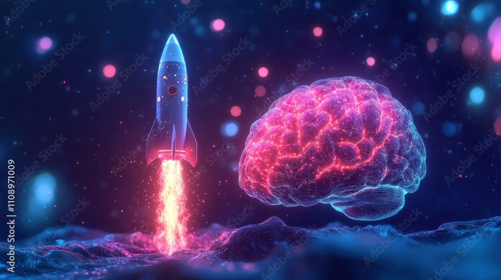 Poster rocket launching from a glowing brain in a cosmic setting